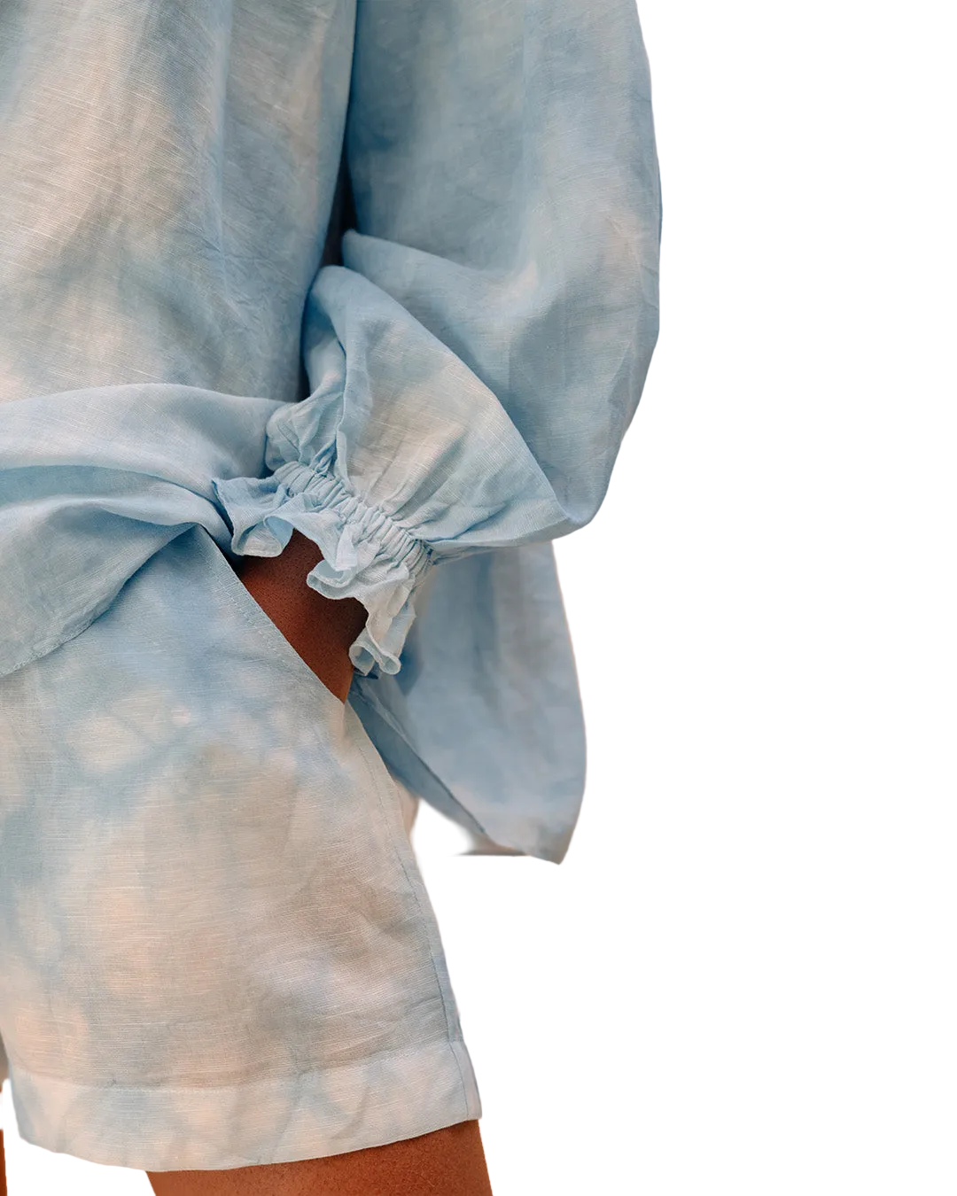 Camicia tie-dye in voile di lino e cotone blu maiolica