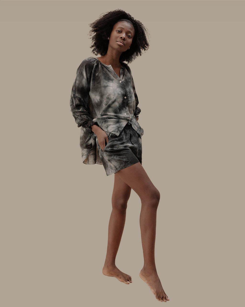 Camicia tie-dye in voile di lino e cotone nero